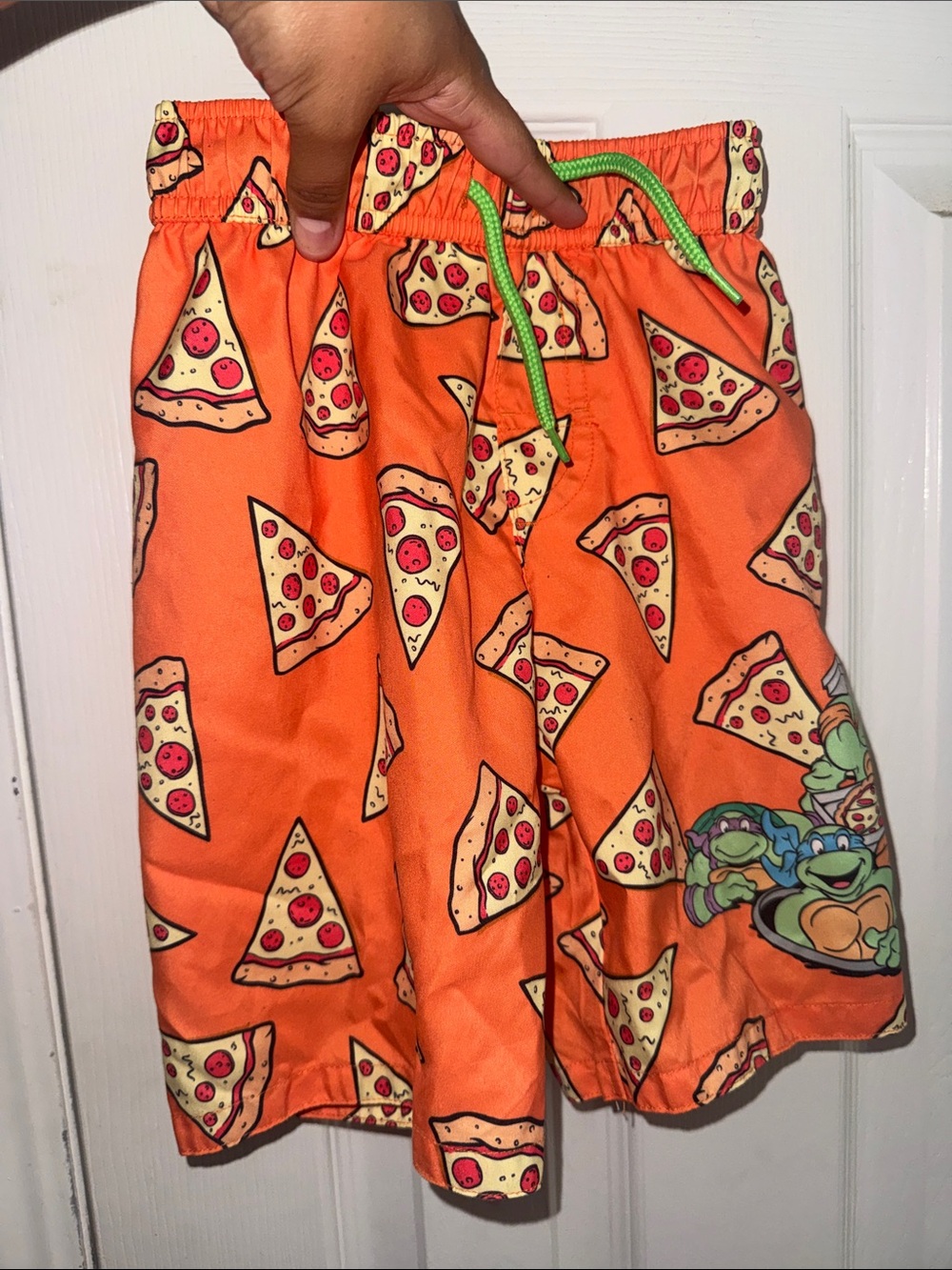 Nickelodeon Orange Pizza Print Kids Swim Trunks with Green Drawstring